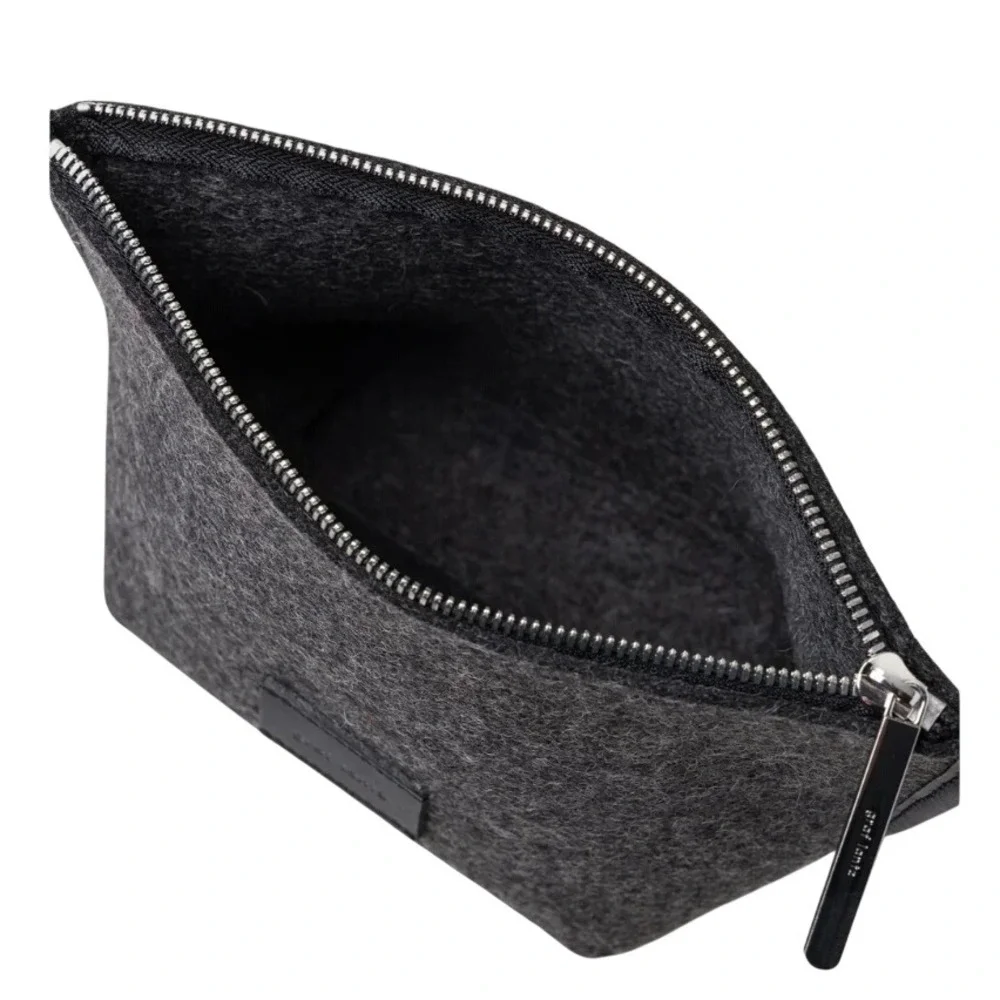 Graf Lantz Hana Merino Wool Pouch Charcoal Felt Bag Gray Leather Trim Makeup Bag
